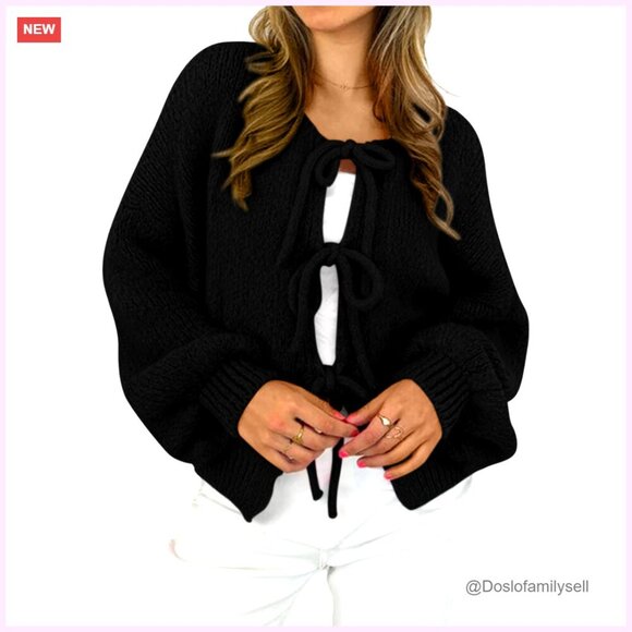Sweaters - Oversized Chunky Knit Cardigan with Bow Tie Front, Long Sleeve Open Sweater
